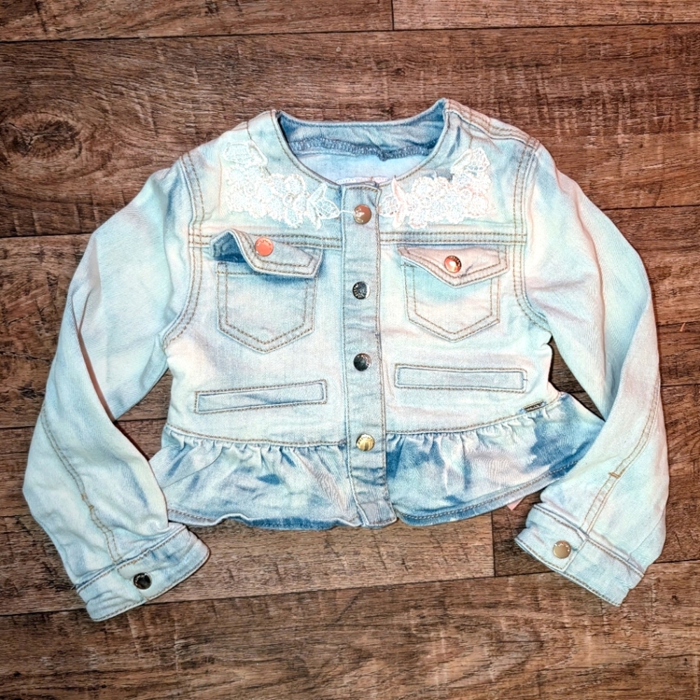 Mayoral denim jacket with peplum flare and lace details size 3T EUC